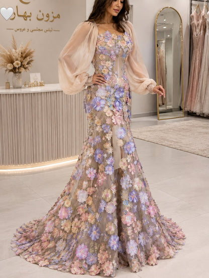 3D Floral Applique Mermaid Evening Gown