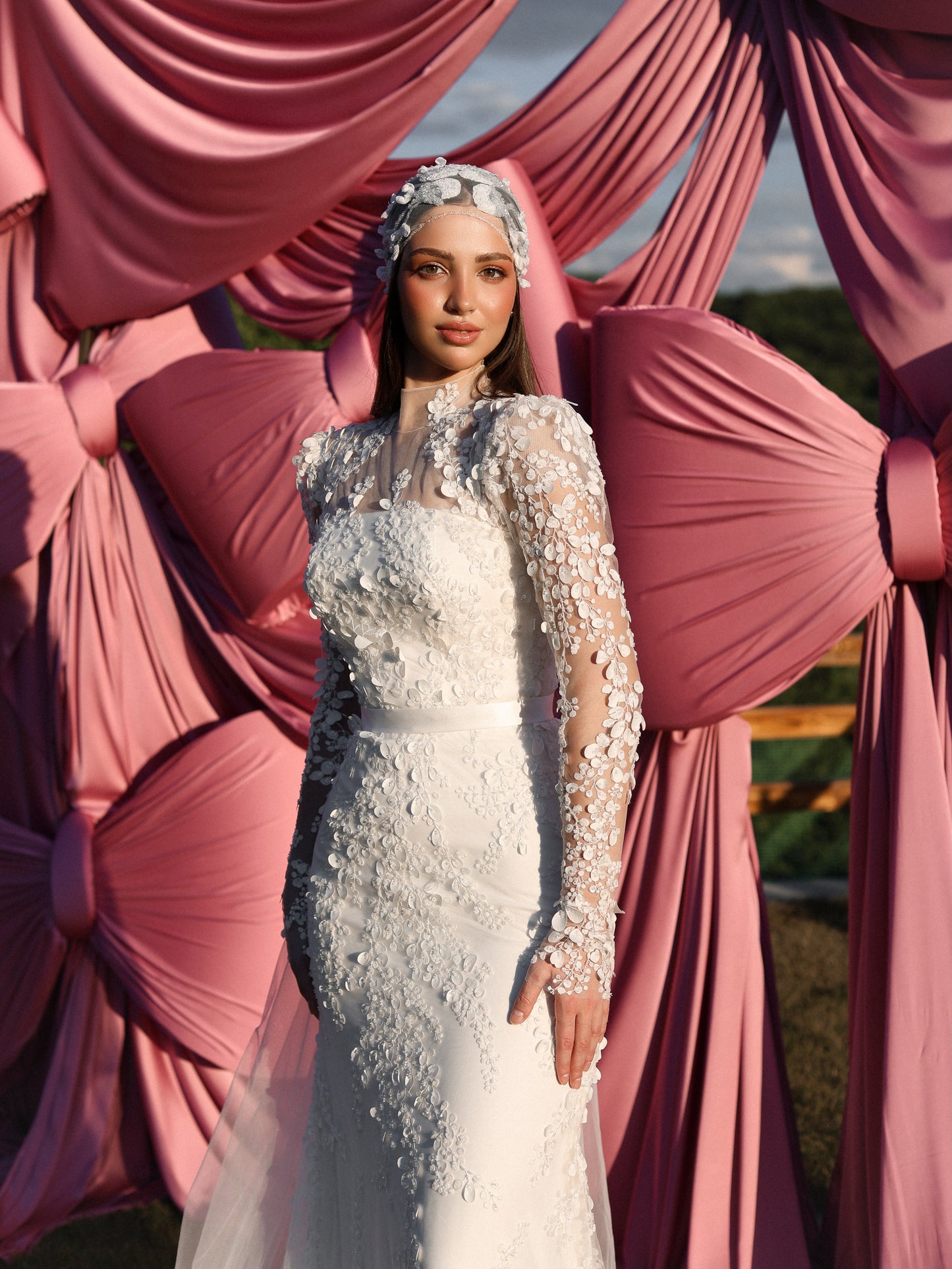 3D Floral Applique Long Sleeve Wedding Dress with Train