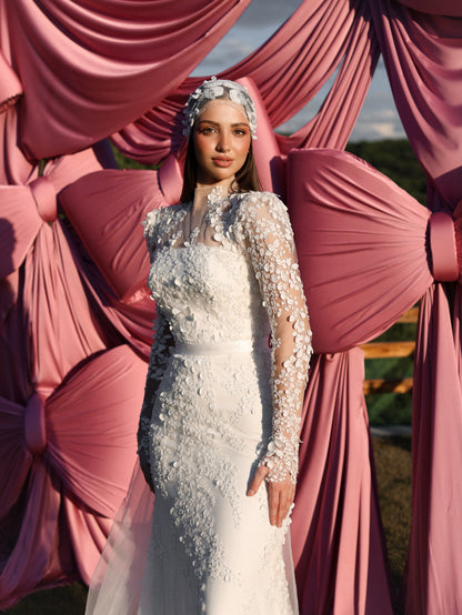 3D Floral Applique Long Sleeve Wedding Dress with Train