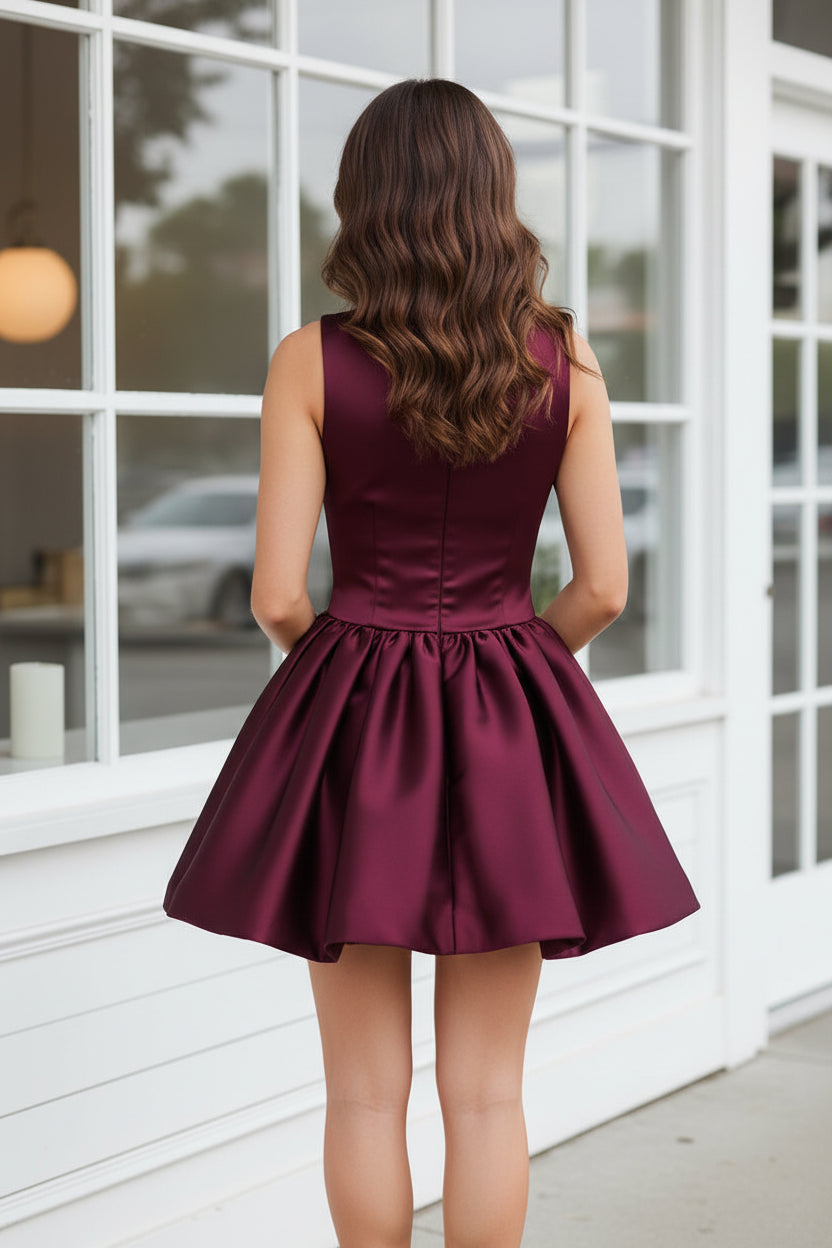 Satin High-Neck Pleated A-Line Mini Dress