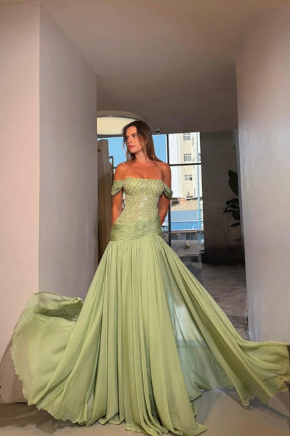 Off-the-Shoulder Beaded Corset A-Line Gown