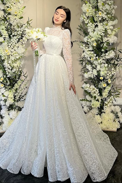 Long Sleeve Lace Ball Gown Wedding Dress