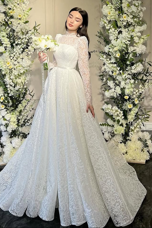 Long Sleeve Lace Ball Gown Wedding Dress