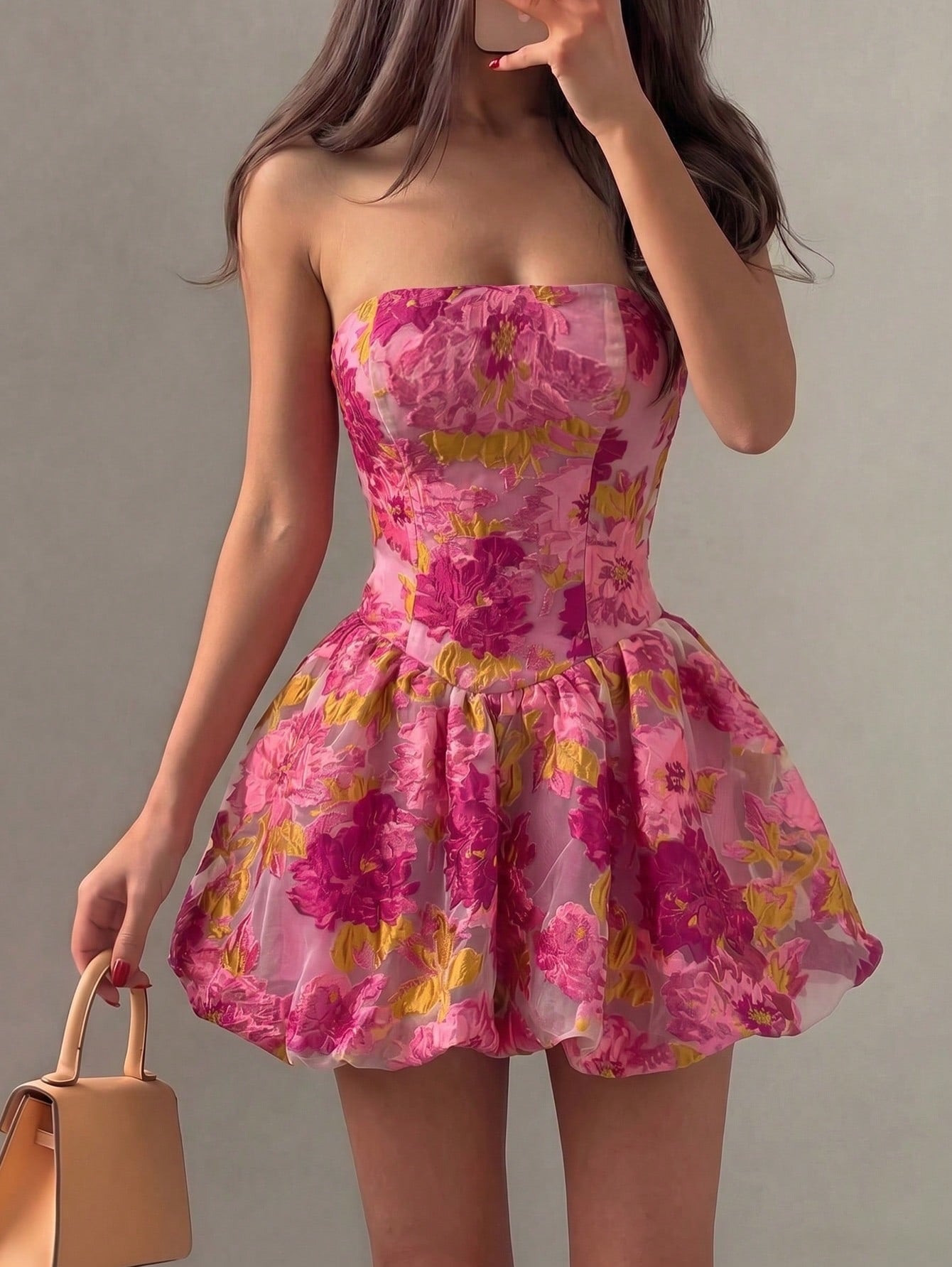 Strapless Floral Jacquard Bubble Skirt Mini Dress