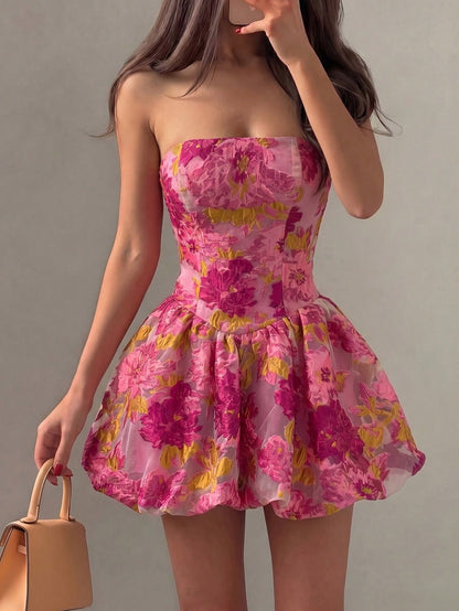 Strapless Floral Jacquard Bubble Skirt Mini Dress