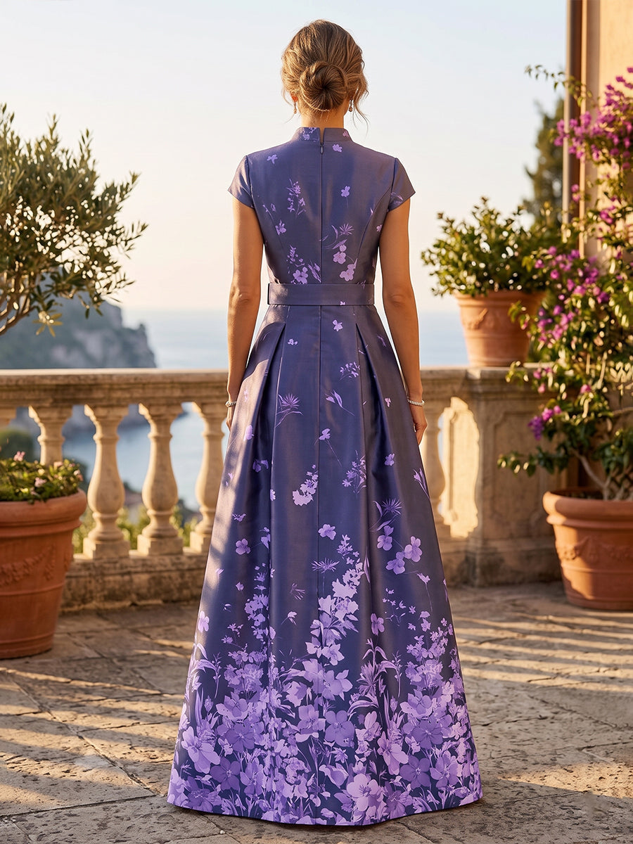 Cap Sleeve Floral A-Line Gown with Pockets