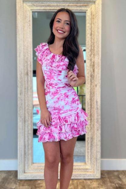 One-Shoulder Floral Ruffled Mini Dress