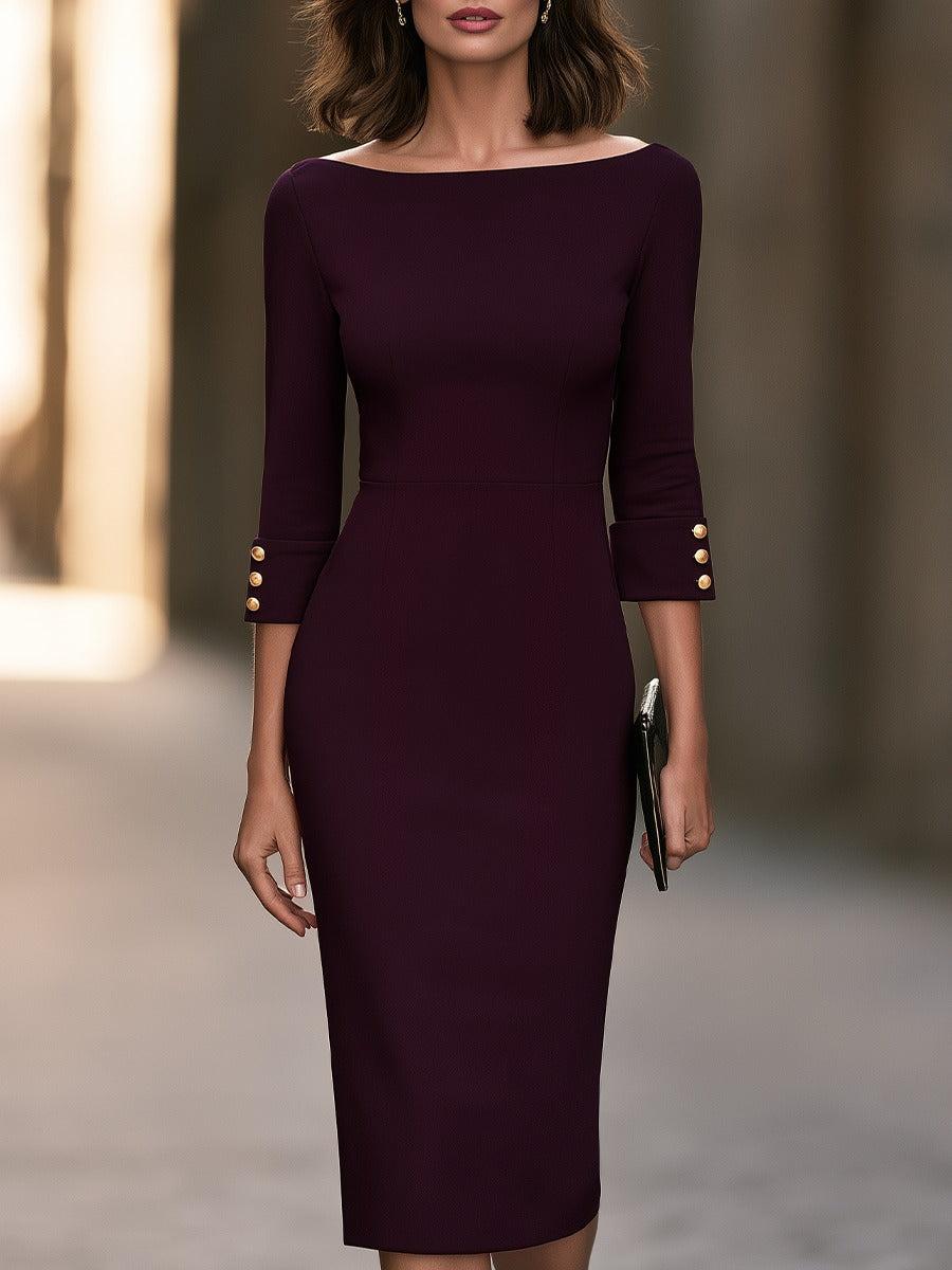Bateau Neck Midi Sheath Dress with Buttoned Cuffs
