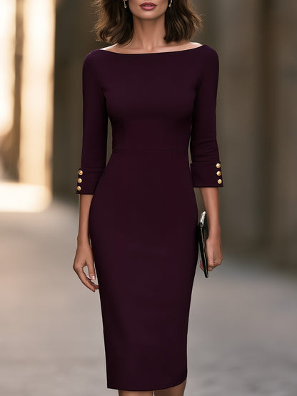 Bateau Neck Midi Sheath Dress with Buttoned Cuffs