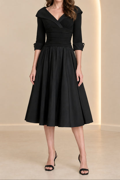 Collared Midi A-Line Dress with 3/4 Sleeves