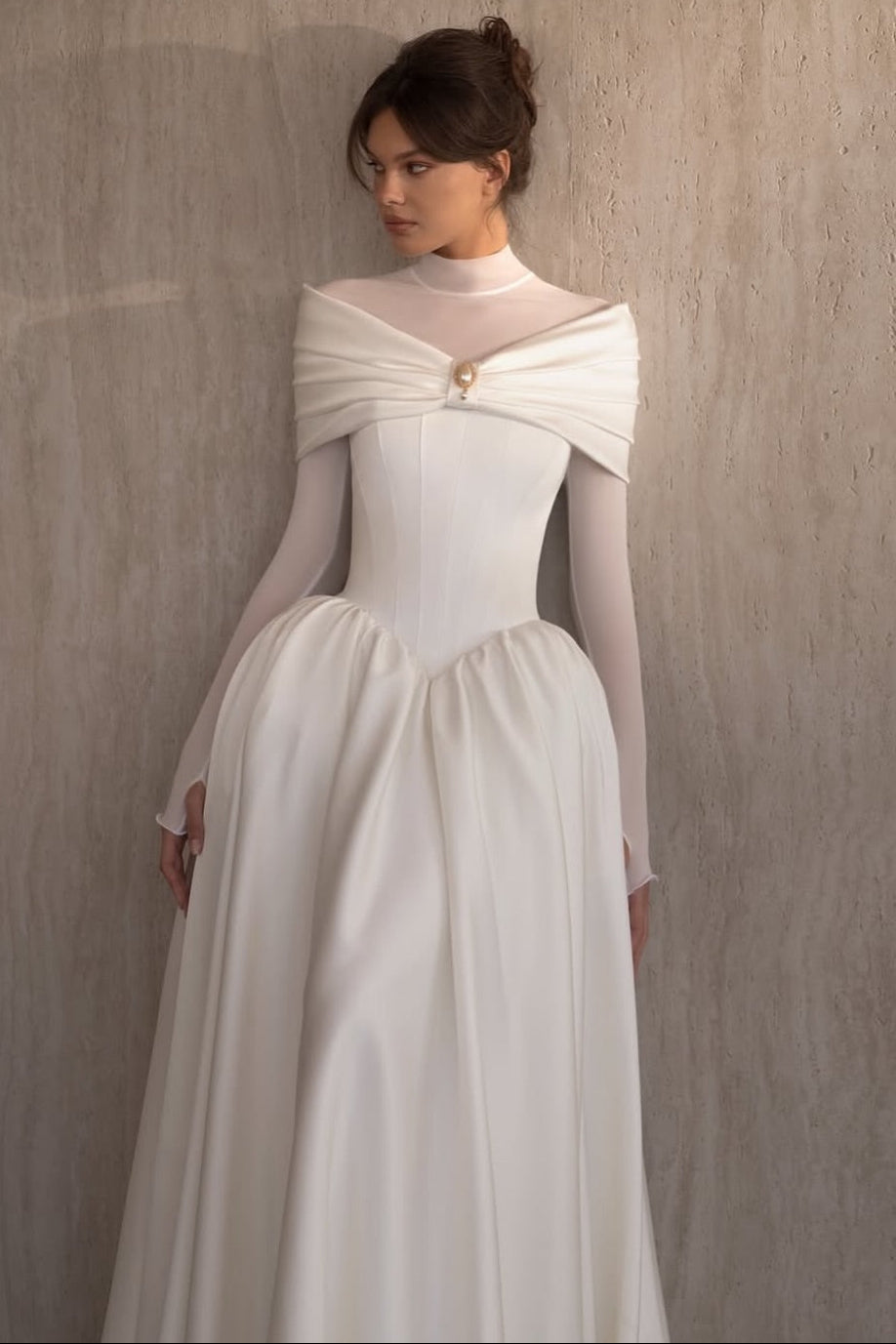 Illusion High Neck Satin Corset Ball Gown Wedding Dress