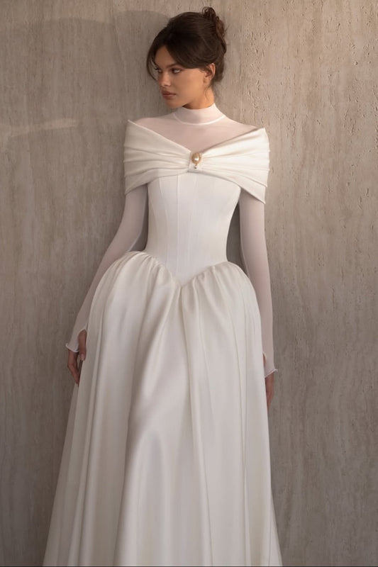 Illusion High Neck Satin Corset Ball Gown Wedding Dress