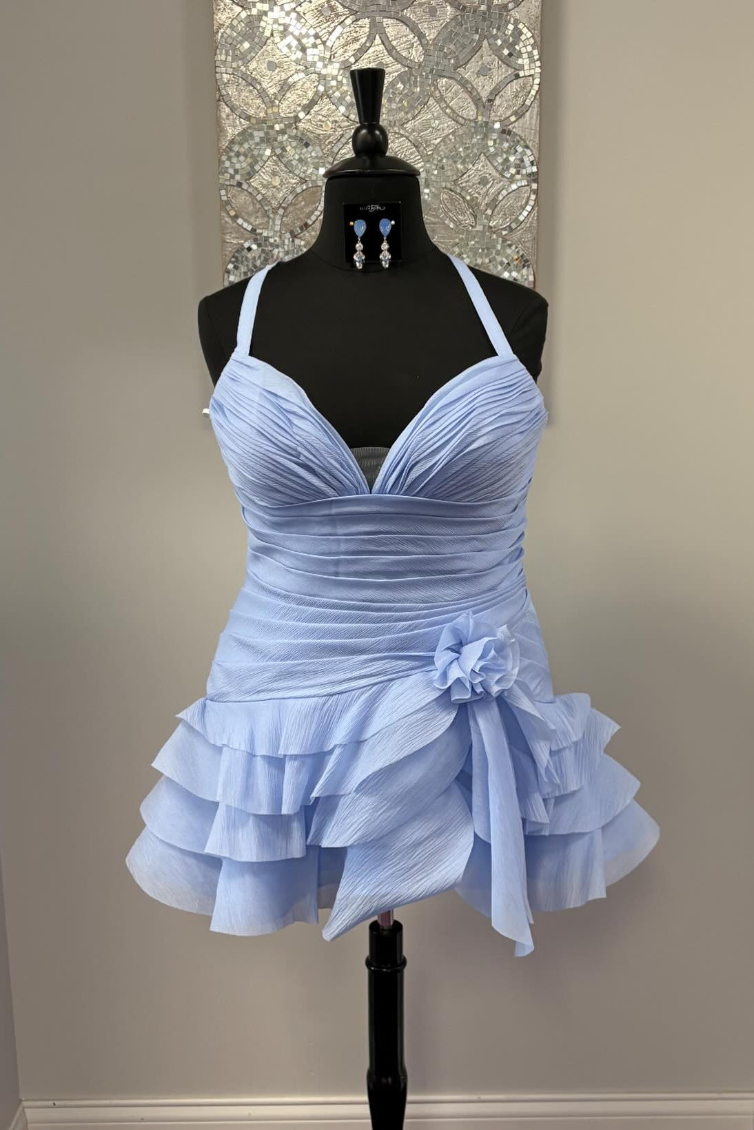 Ruched Halter Mini Dress with 3D Flower Detail