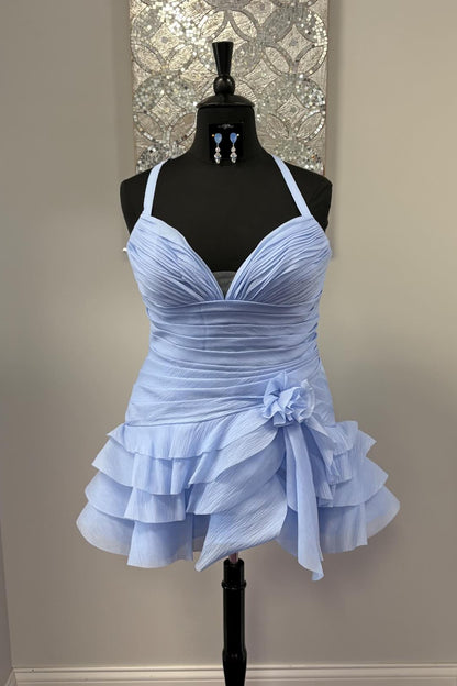 Ruched Halter Mini Dress with 3D Flower Detail