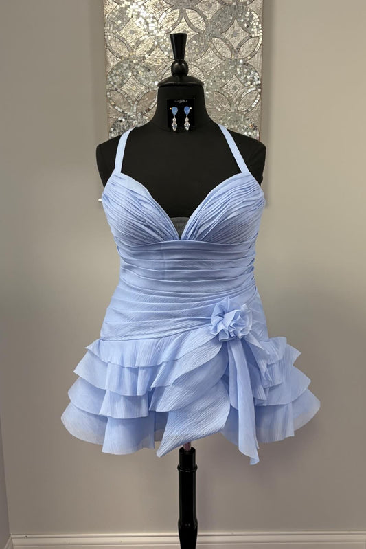 Ruched Halter Mini Dress with 3D Flower Detail