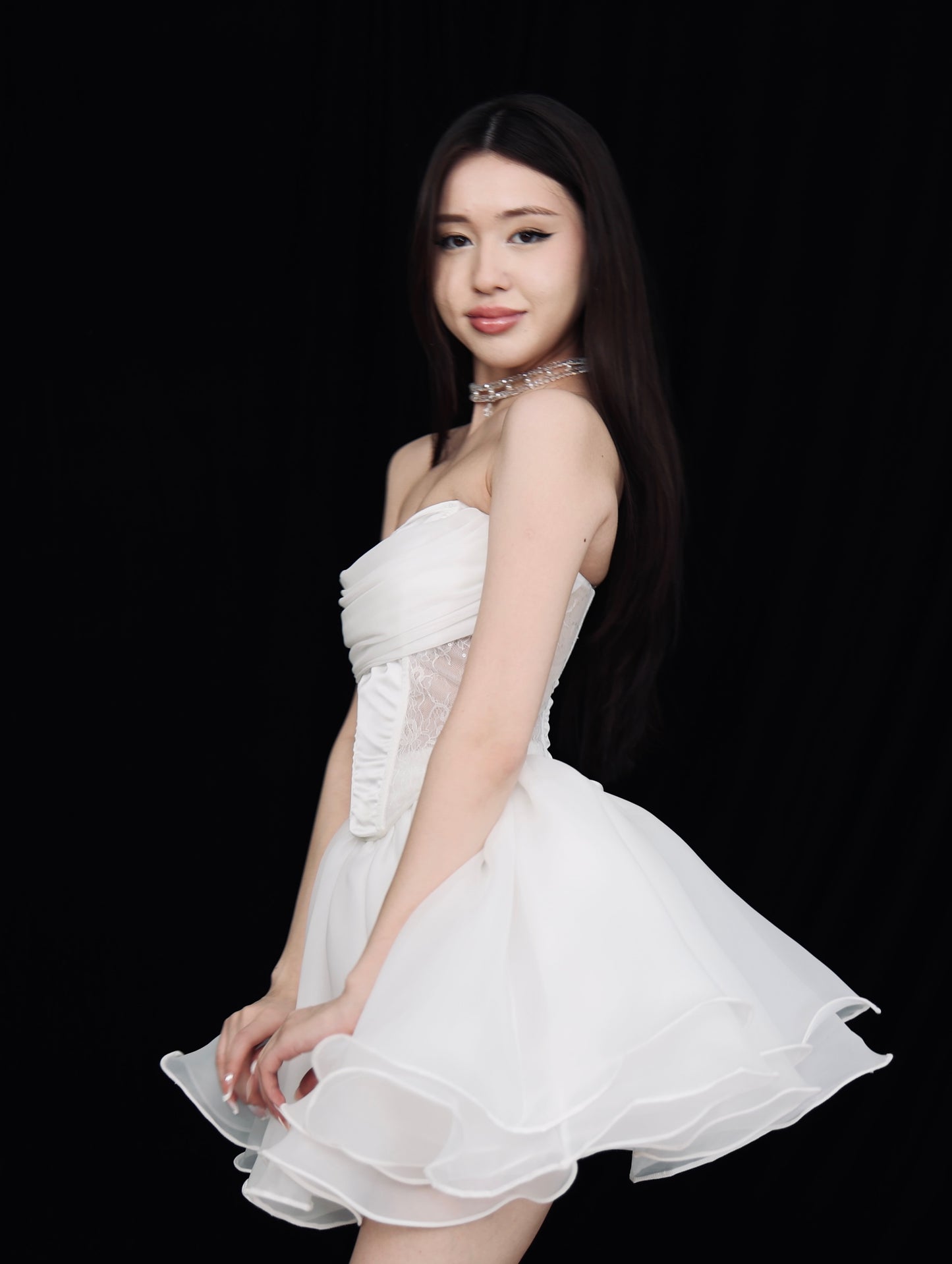 Strapless Tiered Organza Corset Mini Dress
