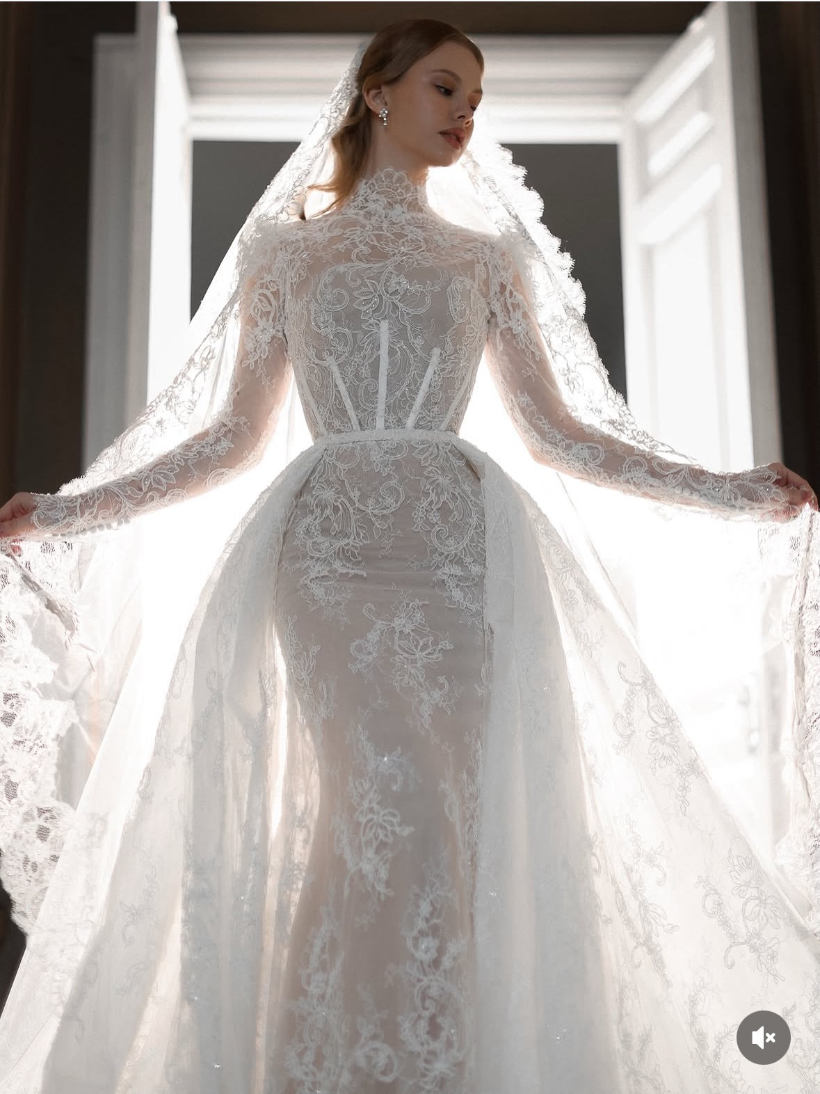 High Neck Lace Mermaid Wedding Dress with Overskirt