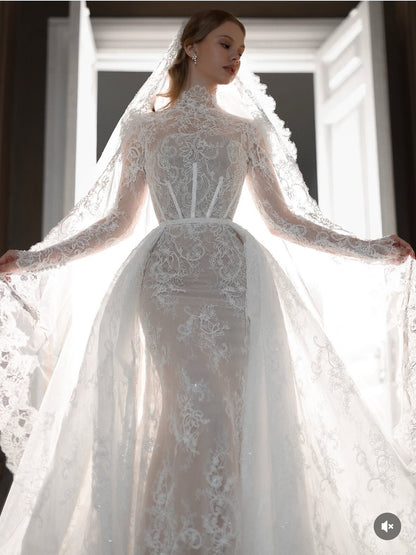 High Neck Lace Mermaid Wedding Dress with Overskirt