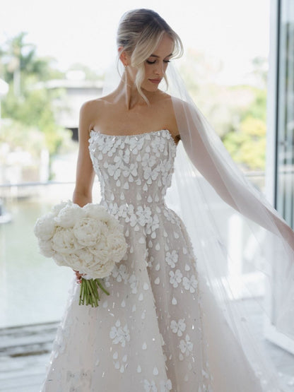 Strapless 3D Floral Applique Ball Gown Wedding Dress