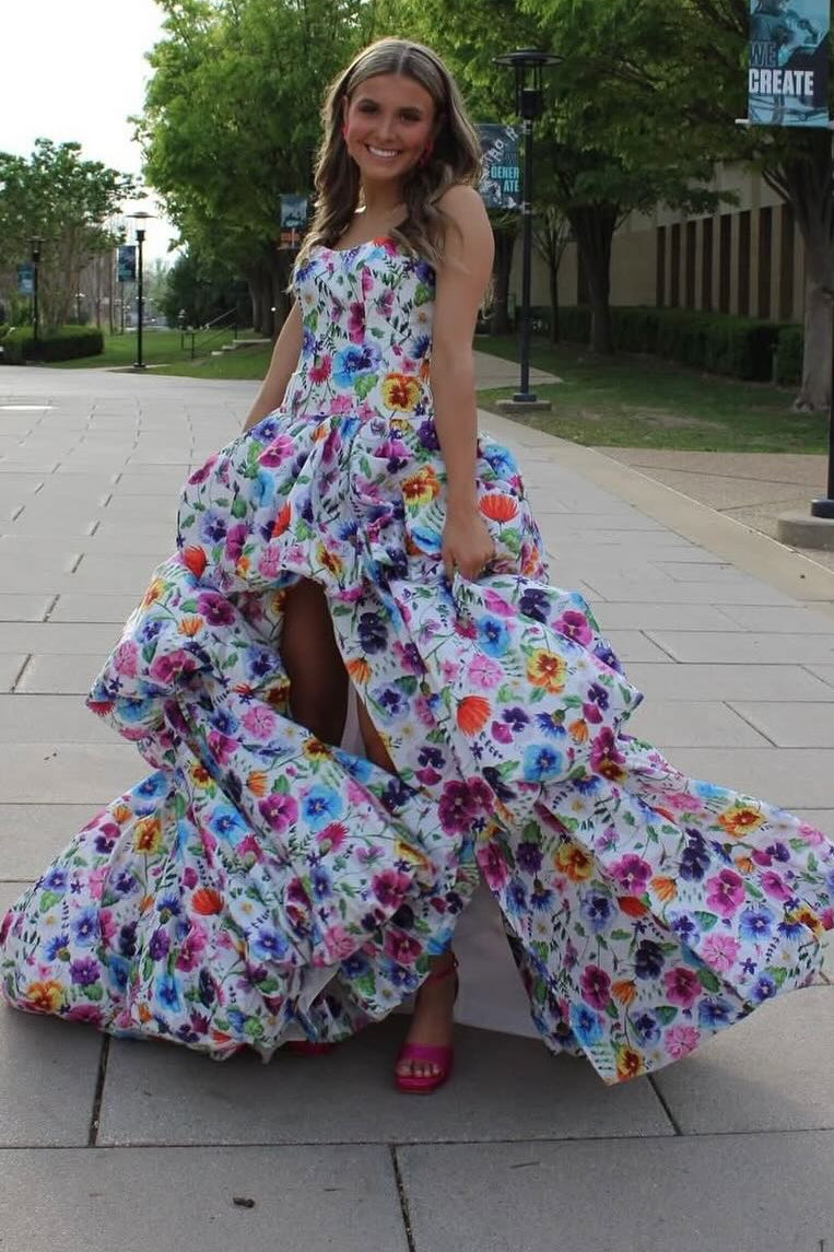 Strapless Floral Print High-Low Ball Gown