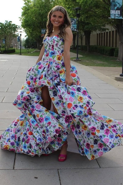 Strapless Floral Print High-Low Ball Gown