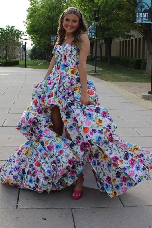 Strapless Floral Print High-Low Ball Gown
