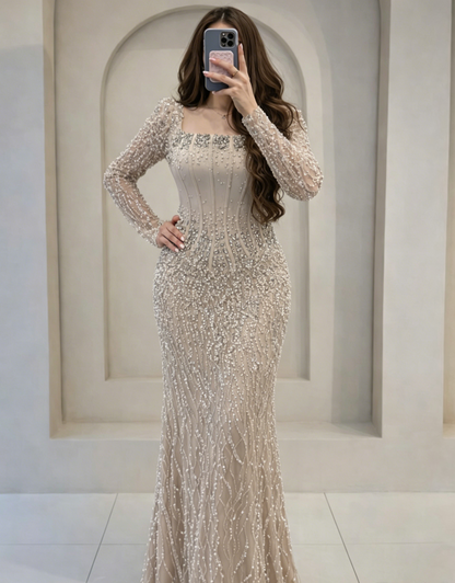 Beaded Long Sleeve Mermaid Evening Gown