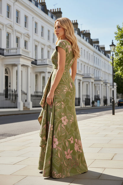 Floral Jacquard Wrap Gown with Side Ruffle Drape