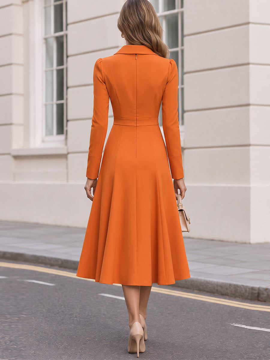 Collared Wrap Midi Dress with Long Sleeves