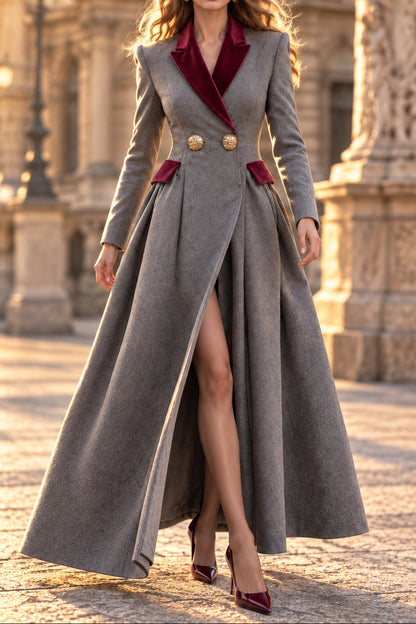 Double-Breasted A-Line Coat Dress with Velvet Lapels