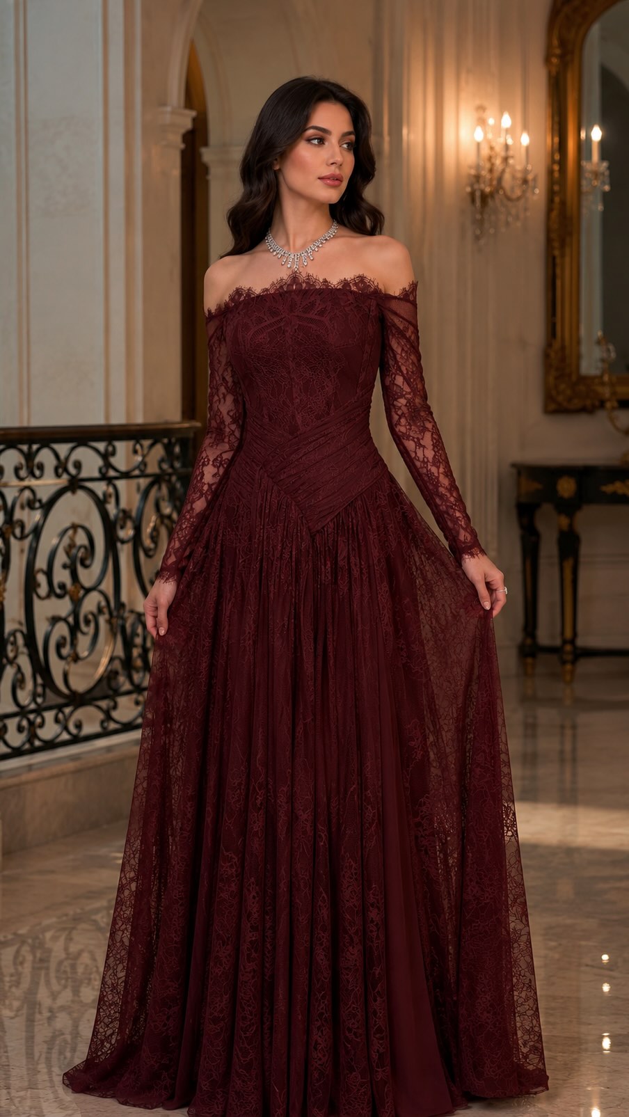 Off-the-Shoulder Long Sleeve Lace Evening Gown