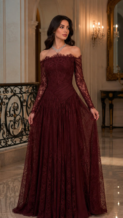 Off-the-Shoulder Long Sleeve Lace Evening Gown