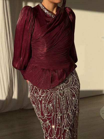 Ruched Long-Sleeve Maxi Dress with Beaded Column Skirt