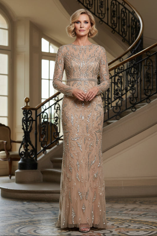 Beaded Long Sleeve Column Evening Gown