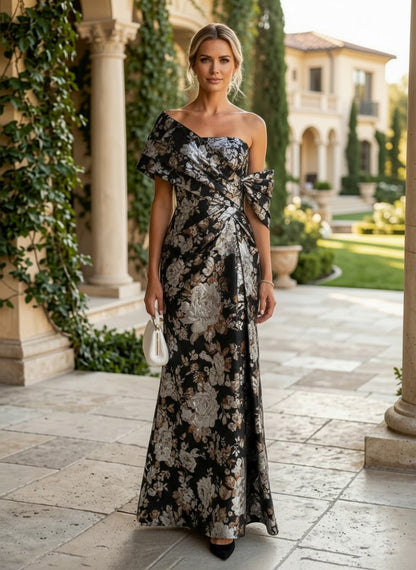 Asymmetrical Floral Jacquard One-Shoulder Evening Gown
