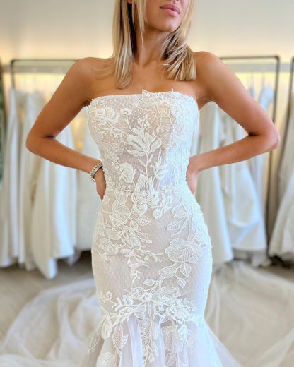 Strapless Lace Mermaid Wedding Dress with Cathedral Train