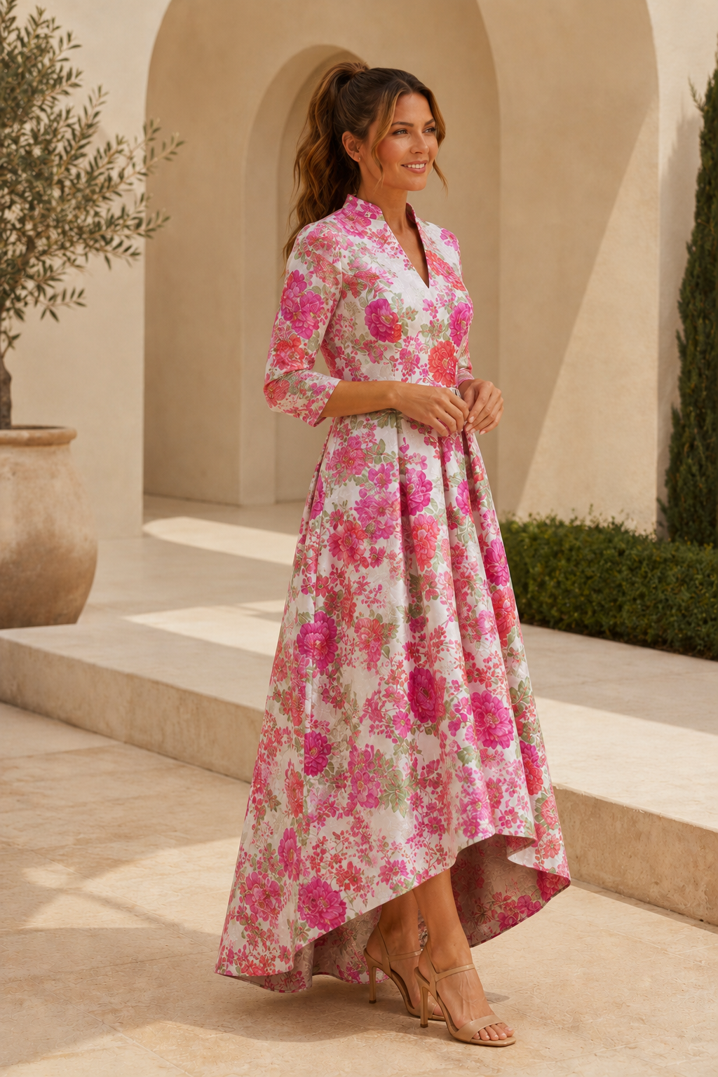 Floral Jacquard High-Low A-Line Dress with 3/4 Sleeves