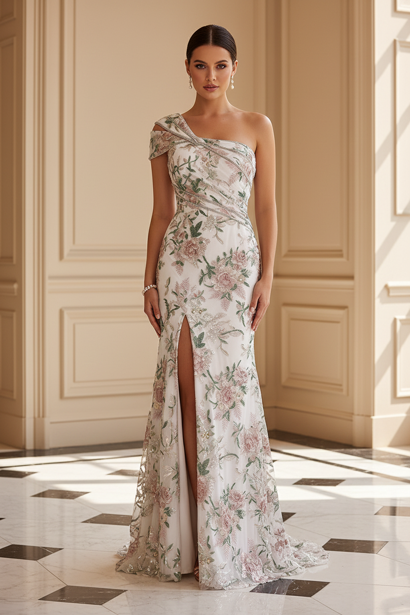 One-Shoulder Embroidered Evening Gown with High Slit