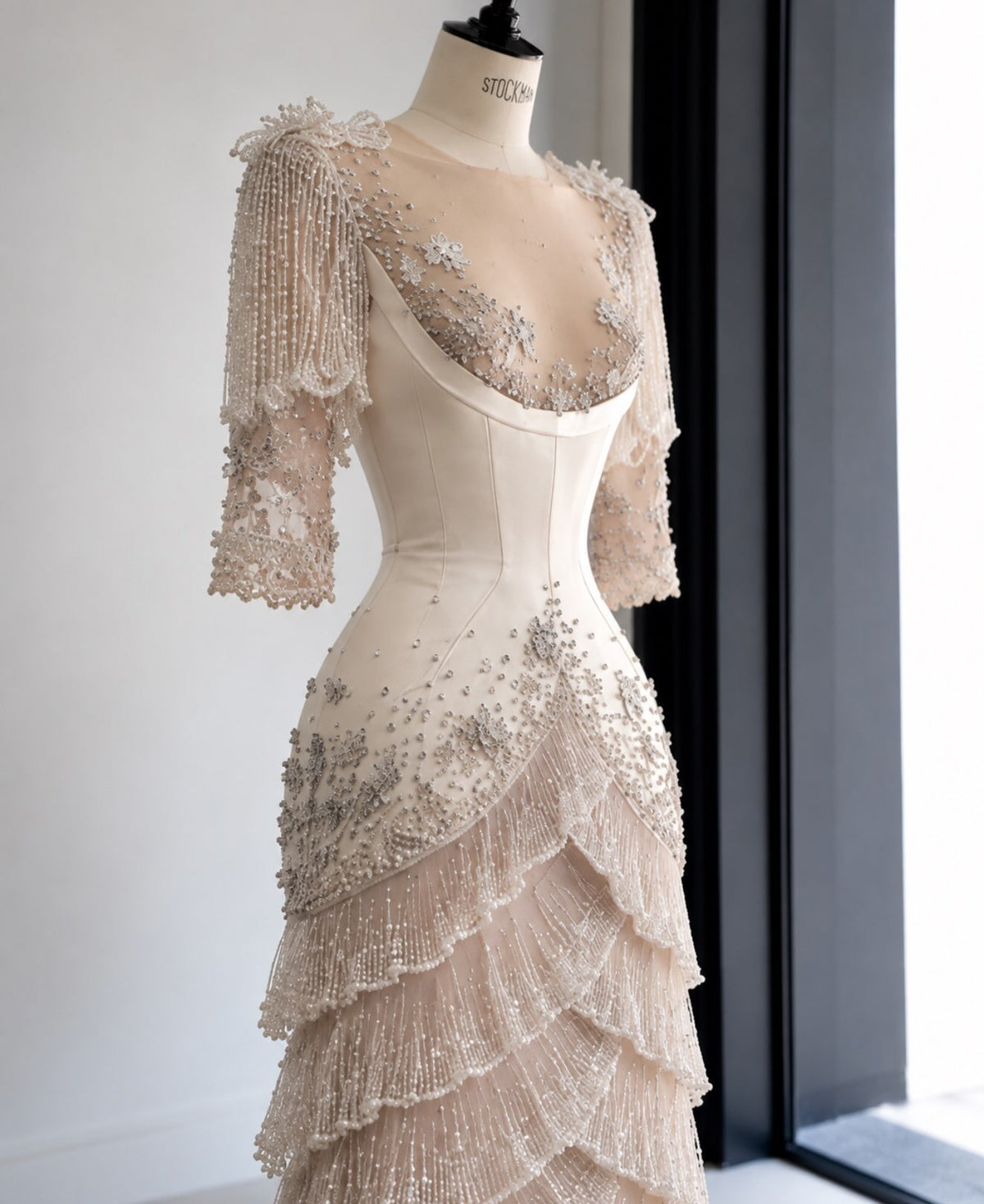 Beaded Fringe Tiered Illusion Evening Gown