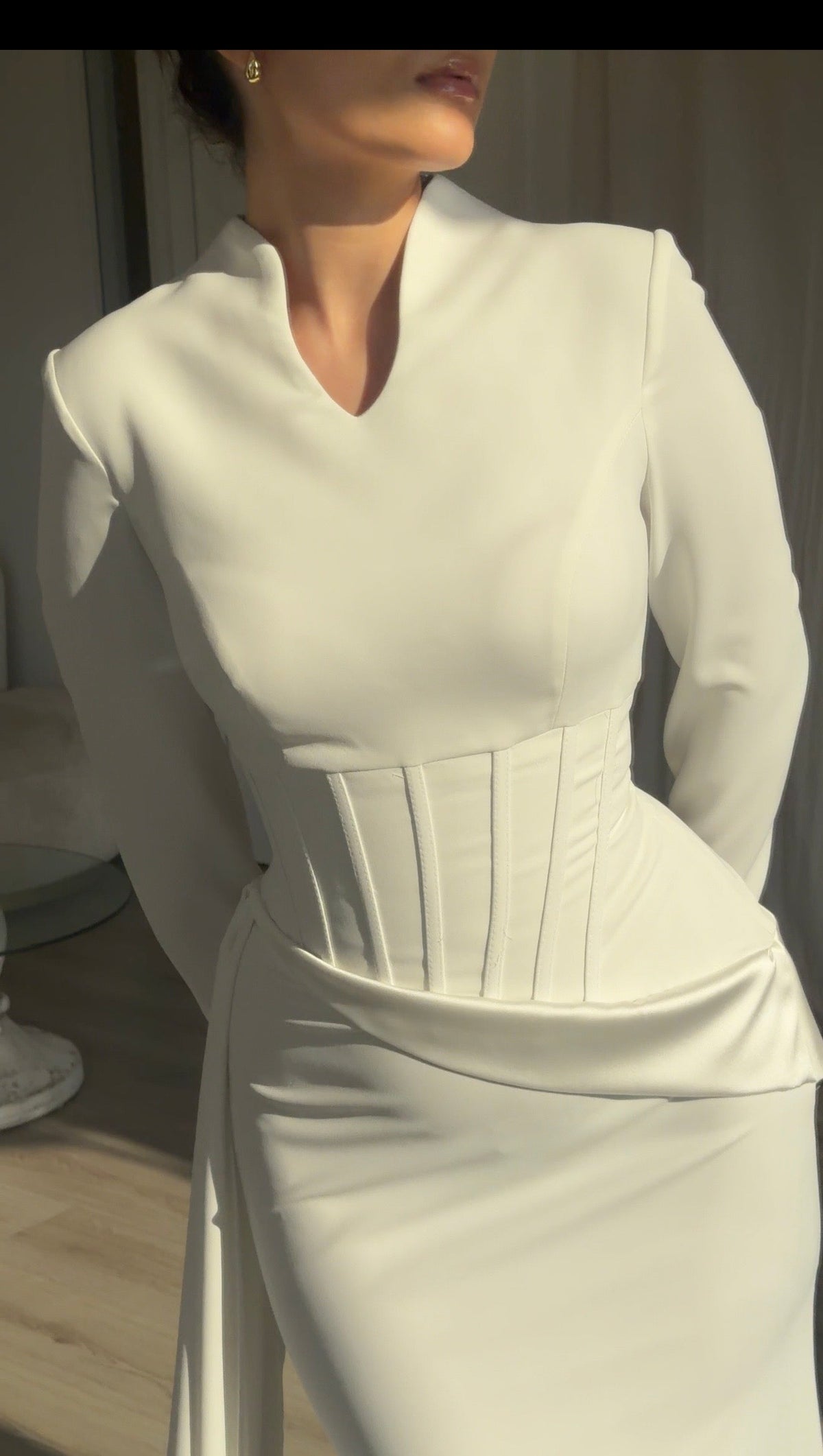 Corset Waist Long Sleeve Gown with Side Drape