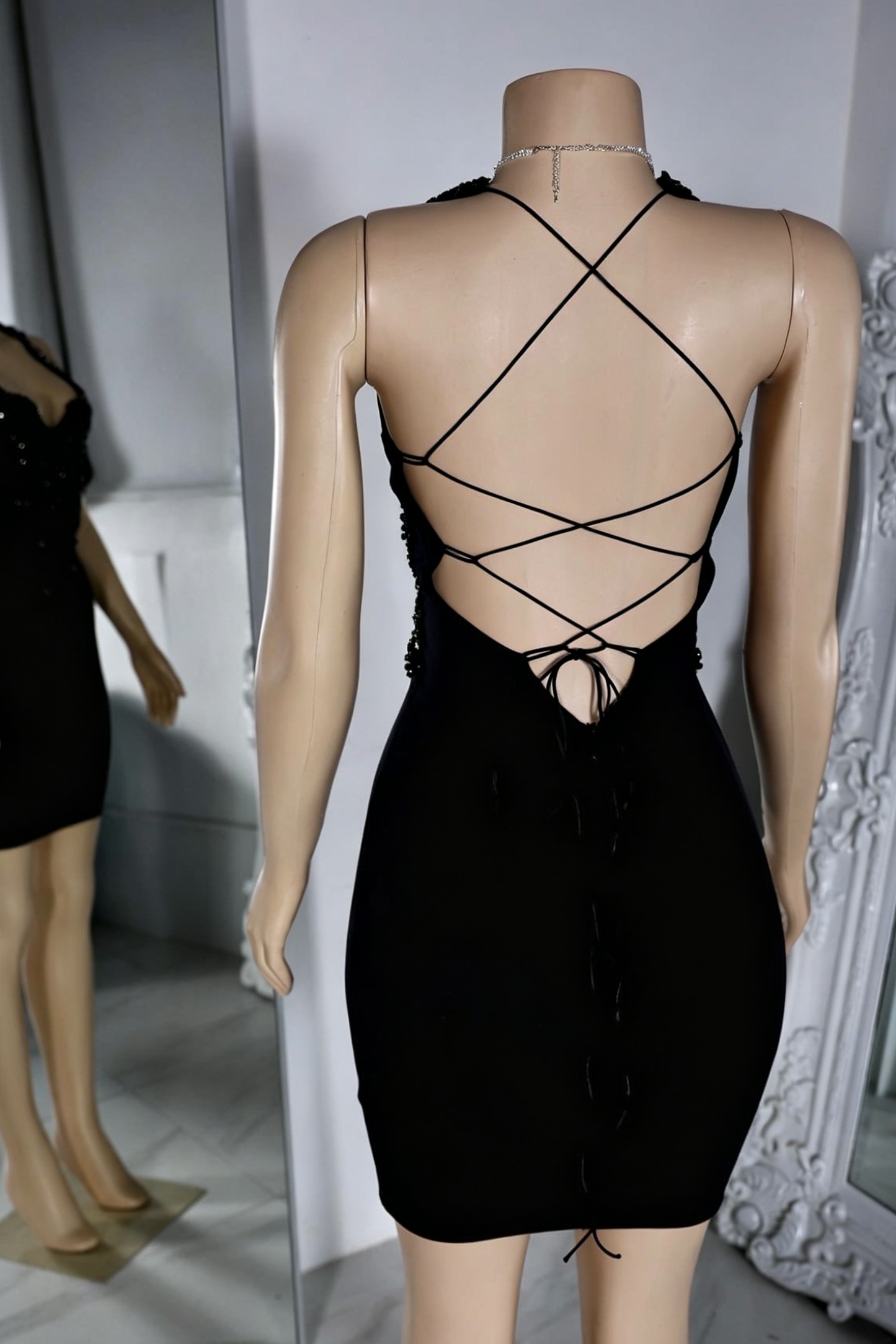 Halter Neck Beaded Open Back Mini Dress
