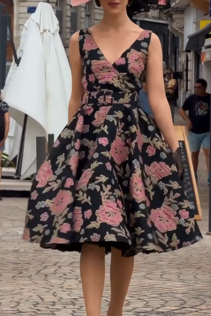 Floral Jacquard V-Neck Midi Dress with Belt