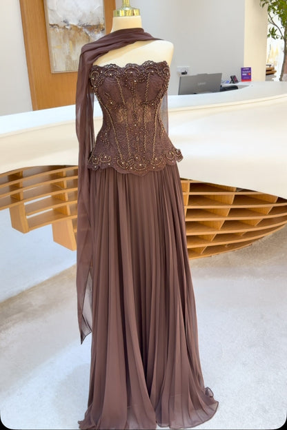 Strapless Beaded Corset Gown with Pleated Skirt