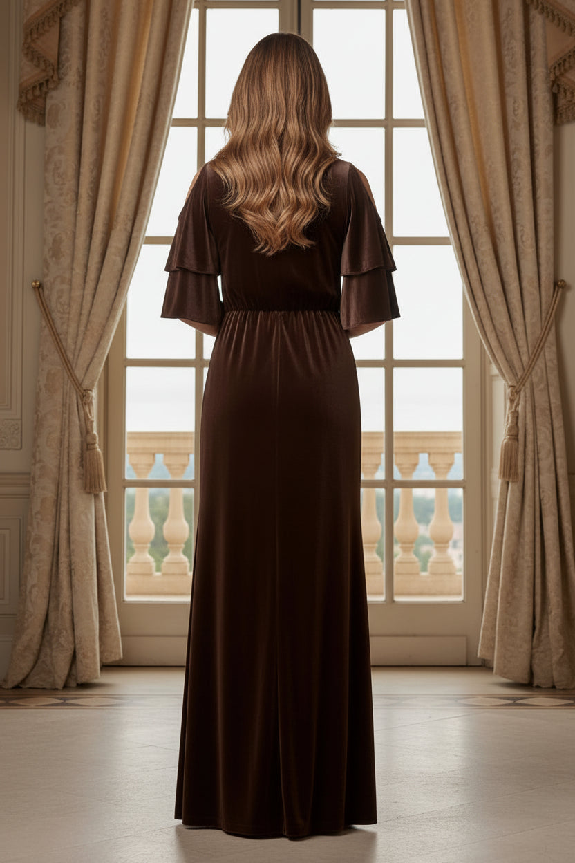 Tiered Cold-Shoulder Velvet Maxi Dress