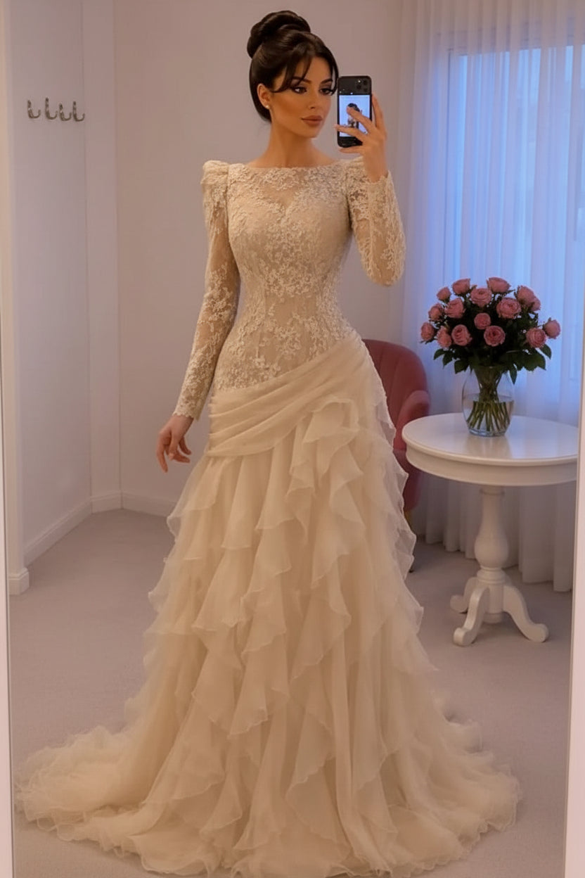 Lace Long Sleeve Tiered Ruffle Evening Gown