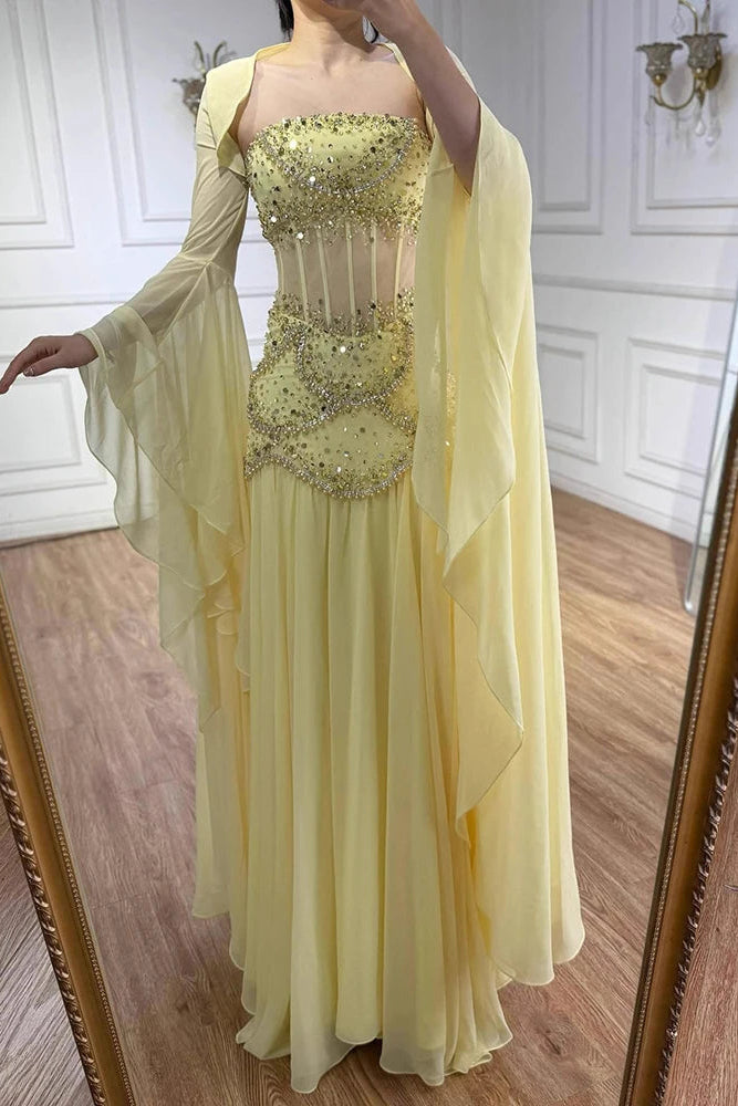 Embellished Corset Evening Gown with Bell Sleeve Jacket