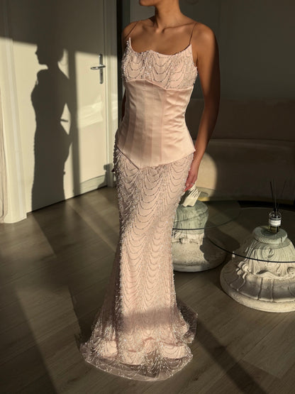 Beaded Corset Evening Gown with Pearl Draping
