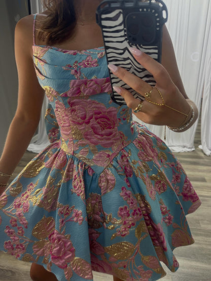 Floral Jacquard Spaghetti Strap Mini Dress with Bow