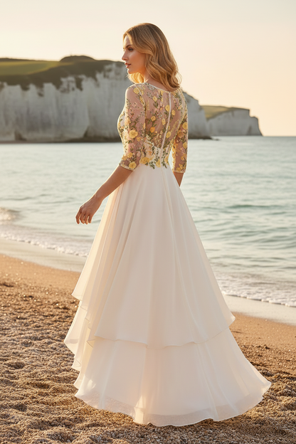 Floral Embroidered Illusion High-Low A-Line Dress
