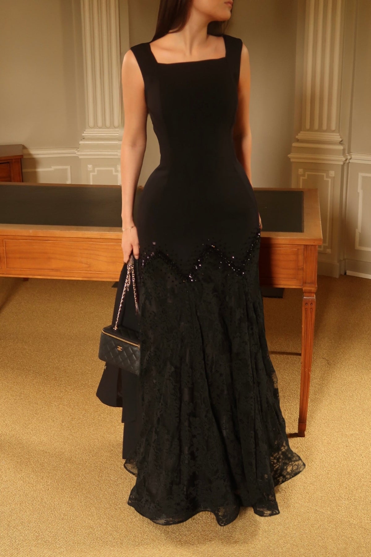 Square Neck Mermaid Gown with Jacket & Lace Skirt